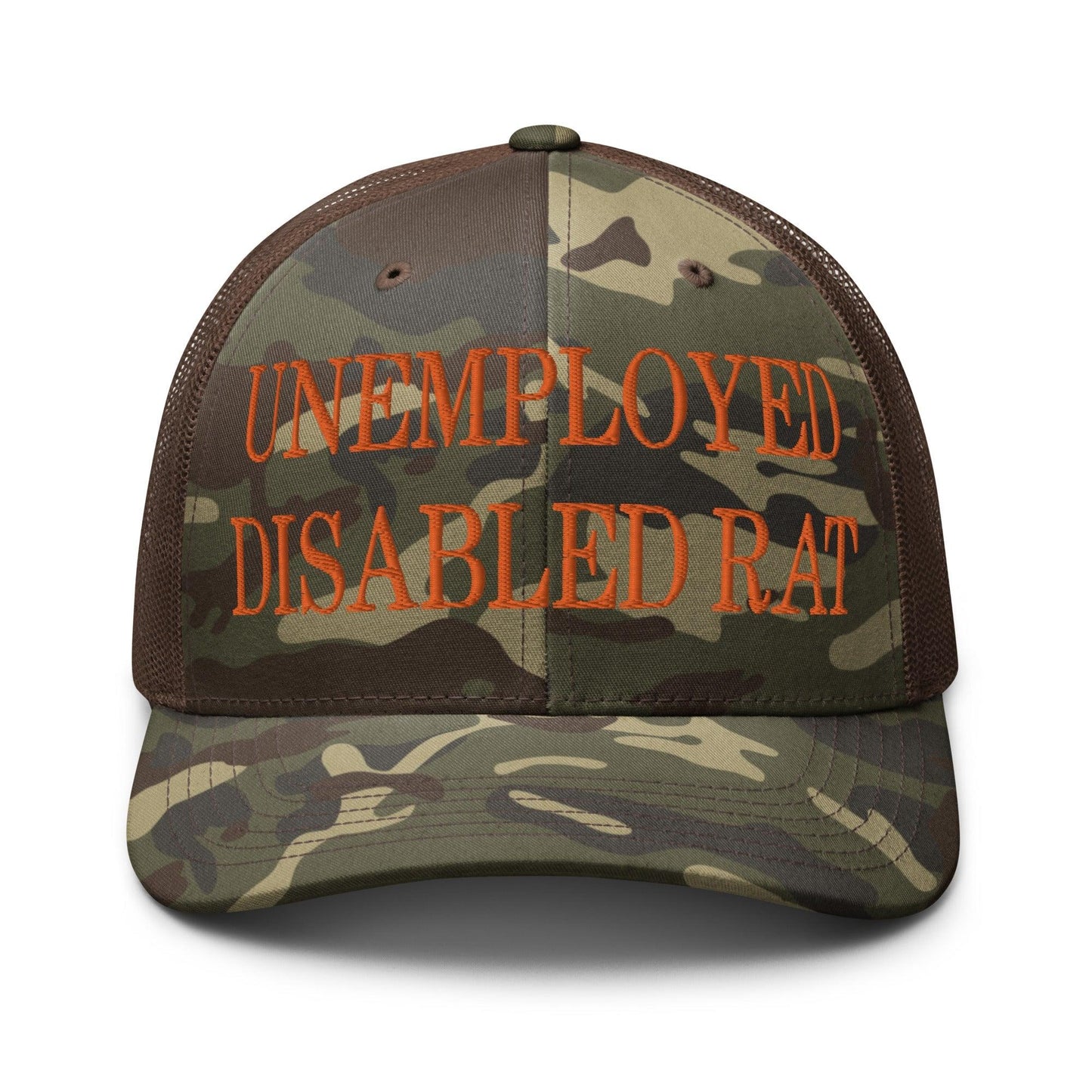 Unemployed Disabled Rat Embroidered Orange Camo Trucker Hat - Camo/Brown