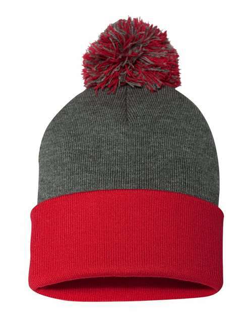 Unleash winter style: sp15 12 pom-pom cuffed beanie for custom apparel - Dark Heather Grey/ Red / Single Unit - BEANIES