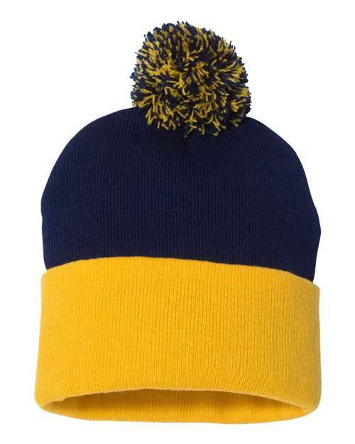 Unleash winter style: sp15 12 pom-pom cuffed beanie for custom apparel - Black/ Gold / Single Unit - BEANIES