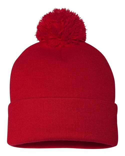 Unleash winter style: sp15 12 pom-pom cuffed beanie for custom apparel - Red / Single Unit - BEANIES