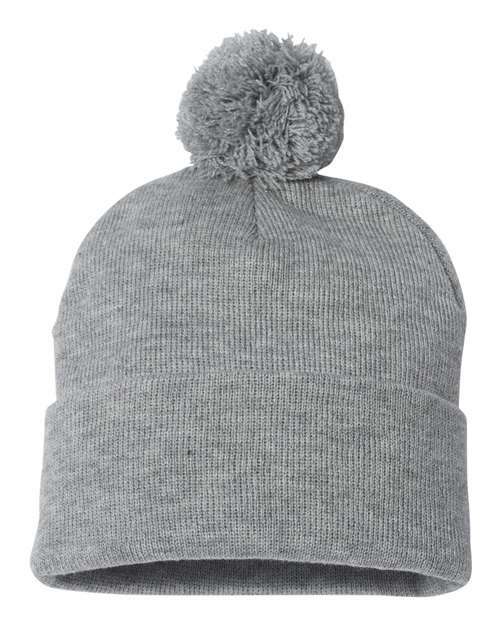 Unleash winter style: sp15 12 pom-pom cuffed beanie for custom apparel - Light Heather Grey / Single Unit - BEANIES