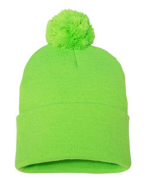 Unleash winter style: sp15 12 pom-pom cuffed beanie for custom apparel - Neon Green / Single Unit - BEANIES