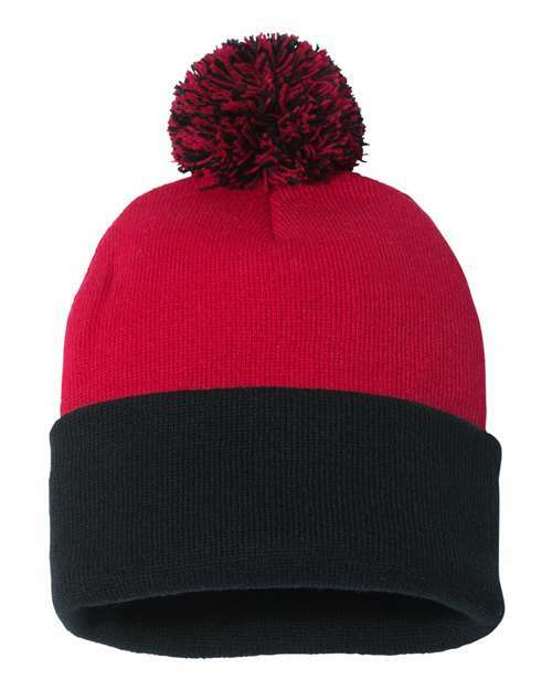 Unleash winter style: sp15 12 pom-pom cuffed beanie for custom apparel - Red/ Black / Single Unit - BEANIES