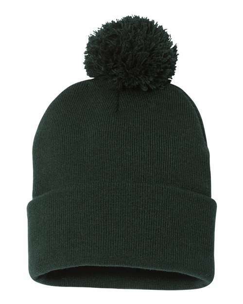 Unleash winter style: sp15 12 pom-pom cuffed beanie for custom apparel - Forest / Single Unit - BEANIES