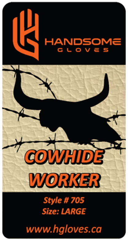 Label on Unlined Cowhide Work Gloves 705R showing cowhide work gloves branding