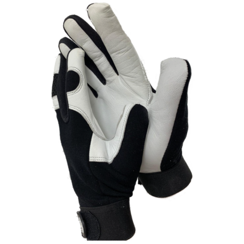 Black and white unlined goatskin mechanic gloves displayed for the Mechanic Gloves 701B product