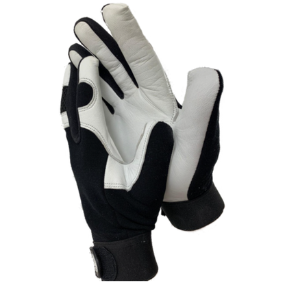 Black and white unlined goatskin mechanic gloves displayed for the Mechanic Gloves 701B product