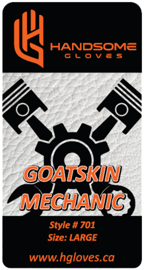 Close-up of unlined goatskin mechanic gloves label on 701B gloves for durability