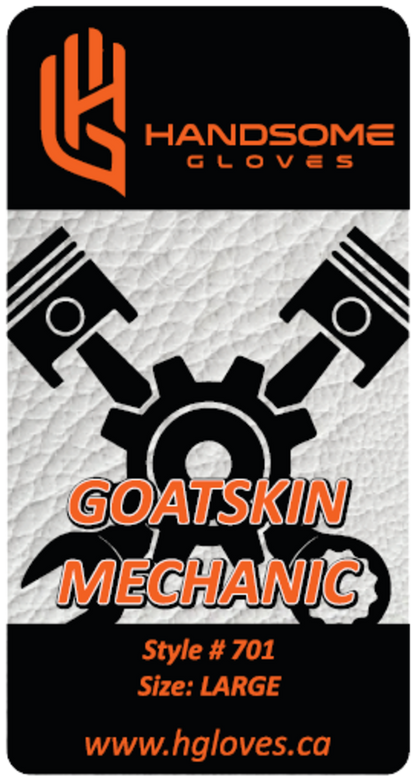 Close-up of unlined goatskin mechanic gloves label on 701B gloves for durability