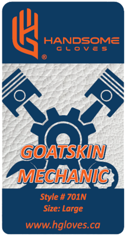 Label of unlined goatskin mechanic gloves from the Goatskin Mechanic Gloves product line