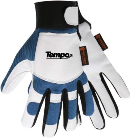Unlined goatskin mechanical gloves in blue and white for durable workwear protection