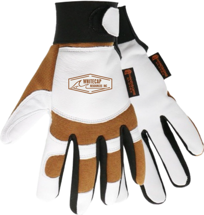 Unlined goatskin mechanical gloves with brown and white leather for durable work protection