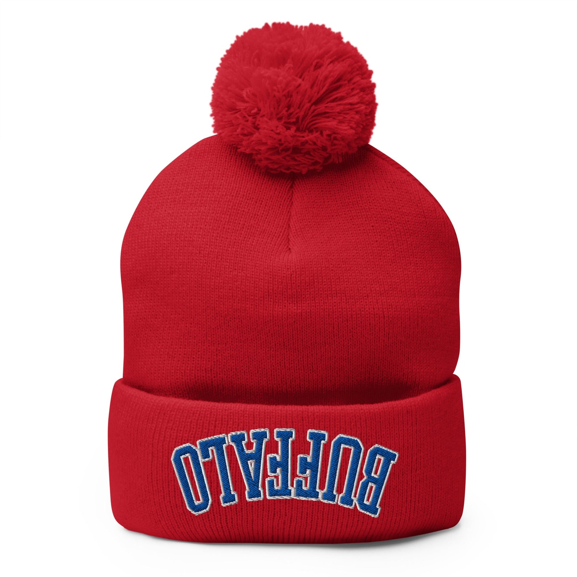 Upside Down Buffalo Football Embroidered Pom Knit Beanie