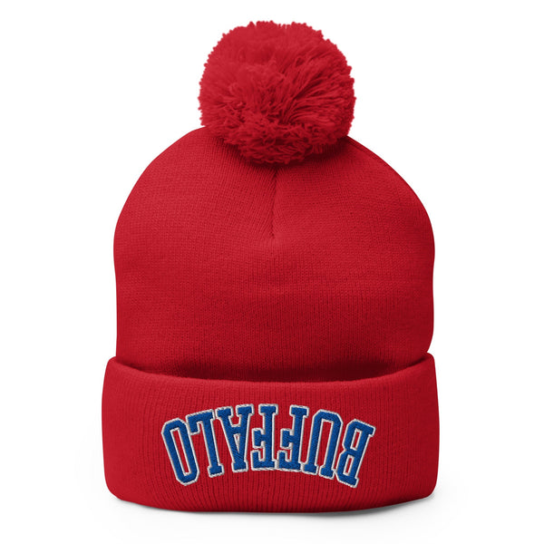 Upside Down Buffalo Football Embroidered Pom Pom Knit Beanie