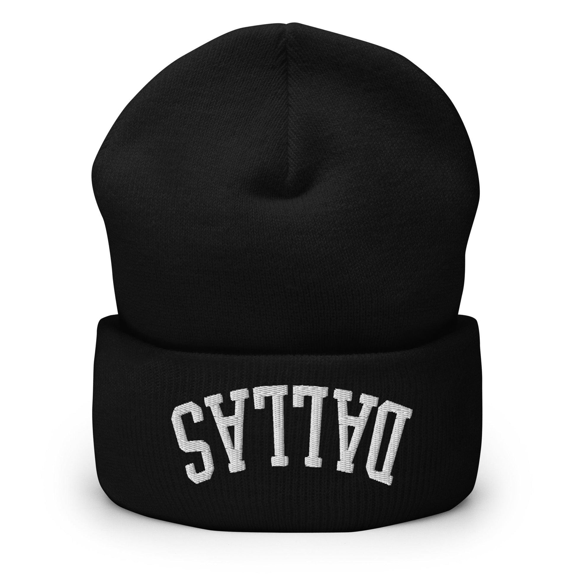 Upside Down Dallas Embroidered Knit Cuffed Beanie - Black
