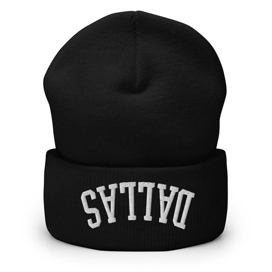 Upside Down Dallas Embroidered Knit Cuffed Beanie - Black