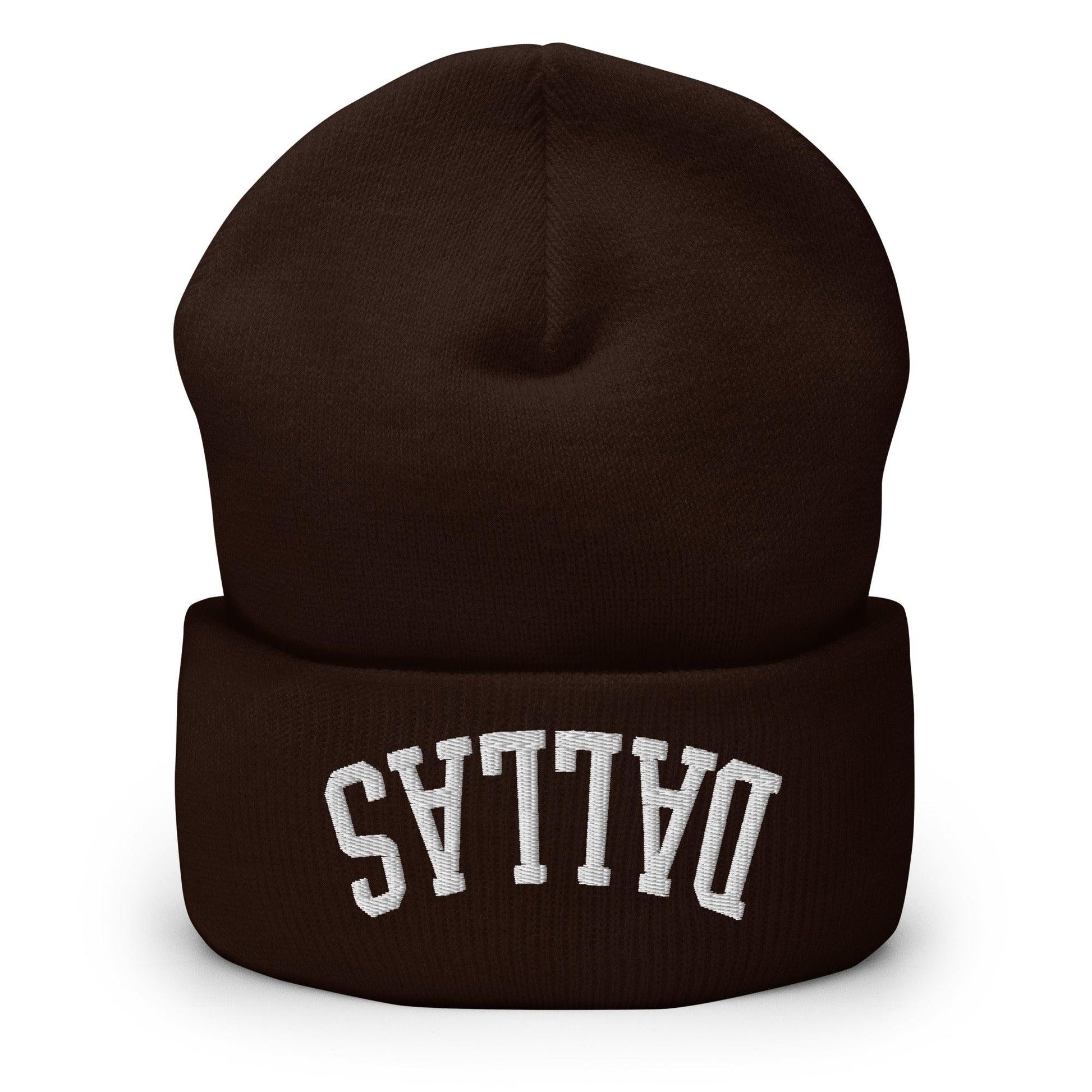 Upside Down Dallas Embroidered Knit Cuffed Beanie - Brown