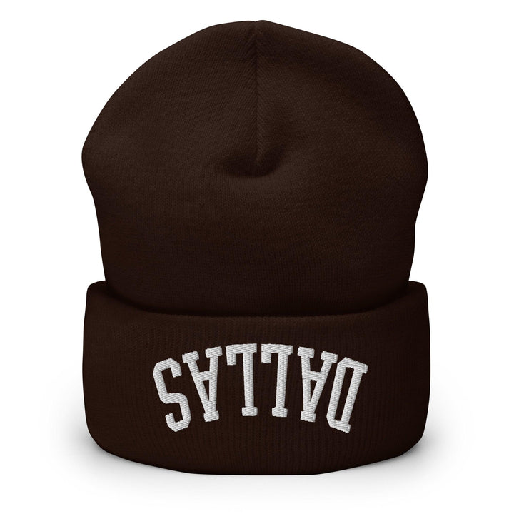 Upside Down Dallas Embroidered Knit Cuffed Beanie - Brown