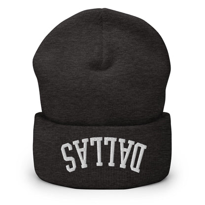 Upside Down Dallas Embroidered Knit Cuffed Beanie - Dark Grey