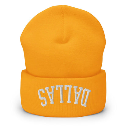 Upside Down Dallas Embroidered Knit Cuffed Beanie - Gold