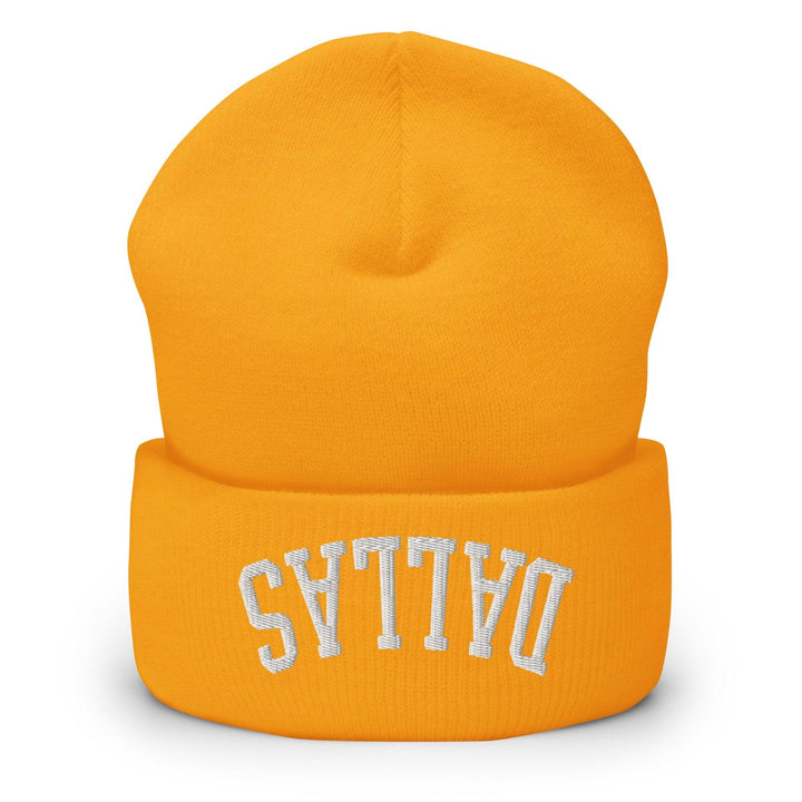 Upside Down Dallas Embroidered Knit Cuffed Beanie - Gold