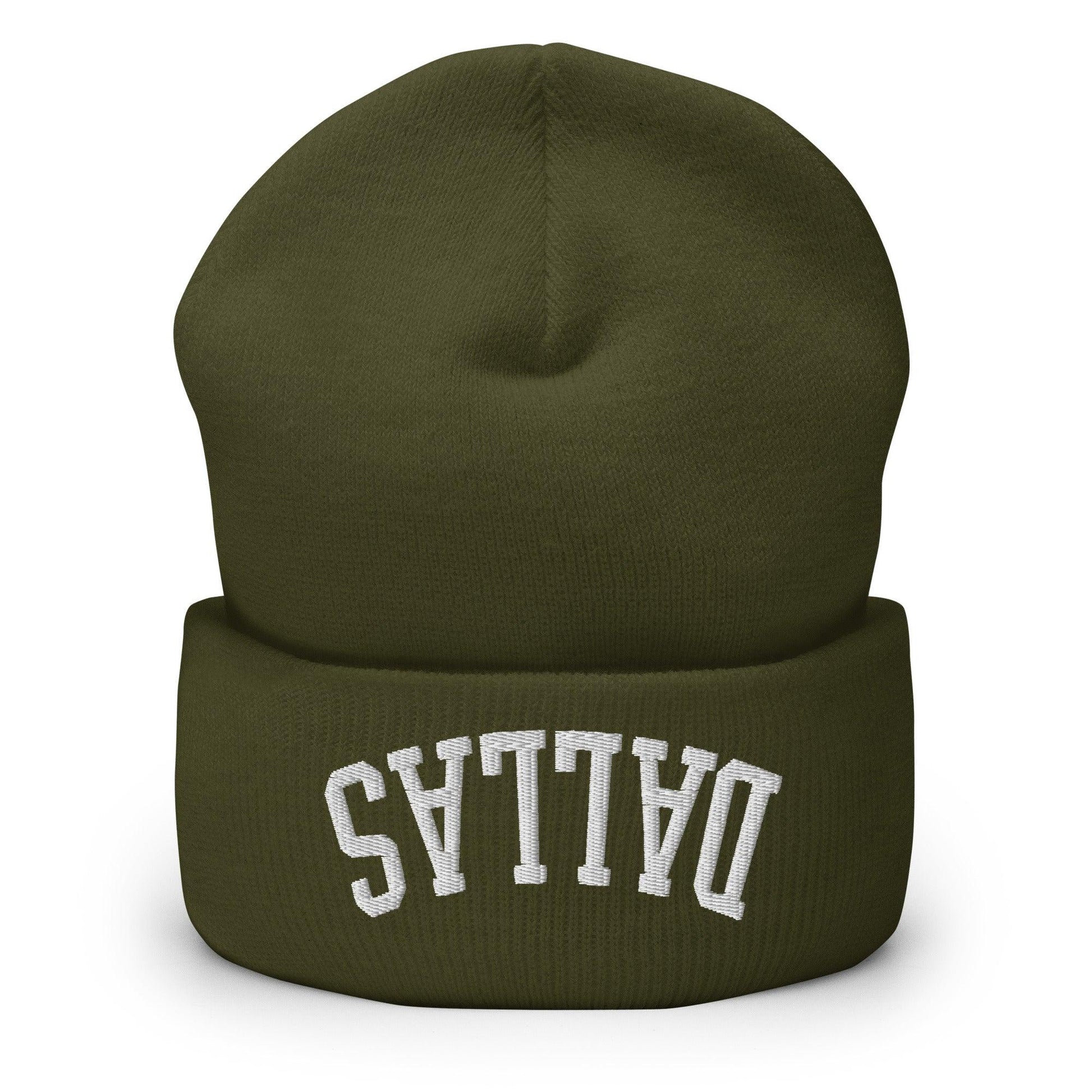 Upside Down Dallas Embroidered Knit Cuffed Beanie - Olive