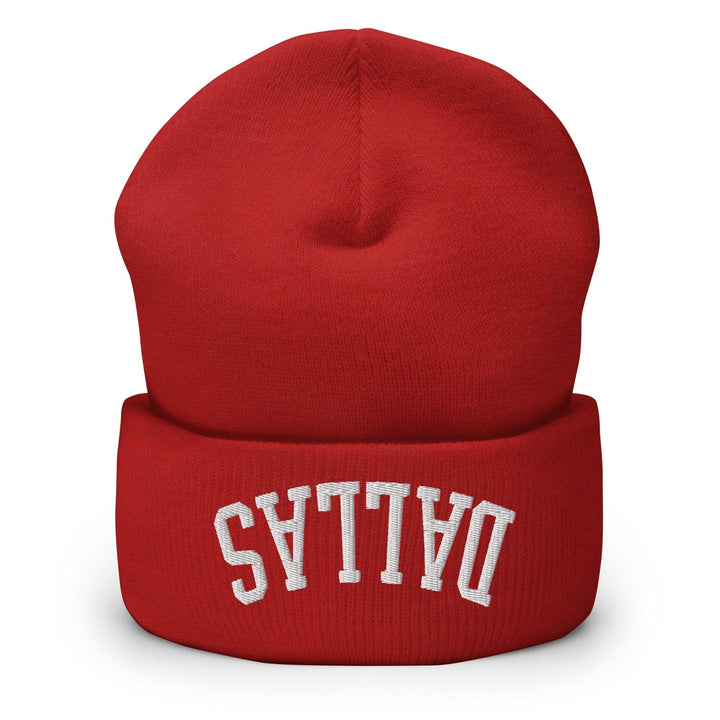 Upside Down Dallas Embroidered Knit Cuffed Beanie - Red