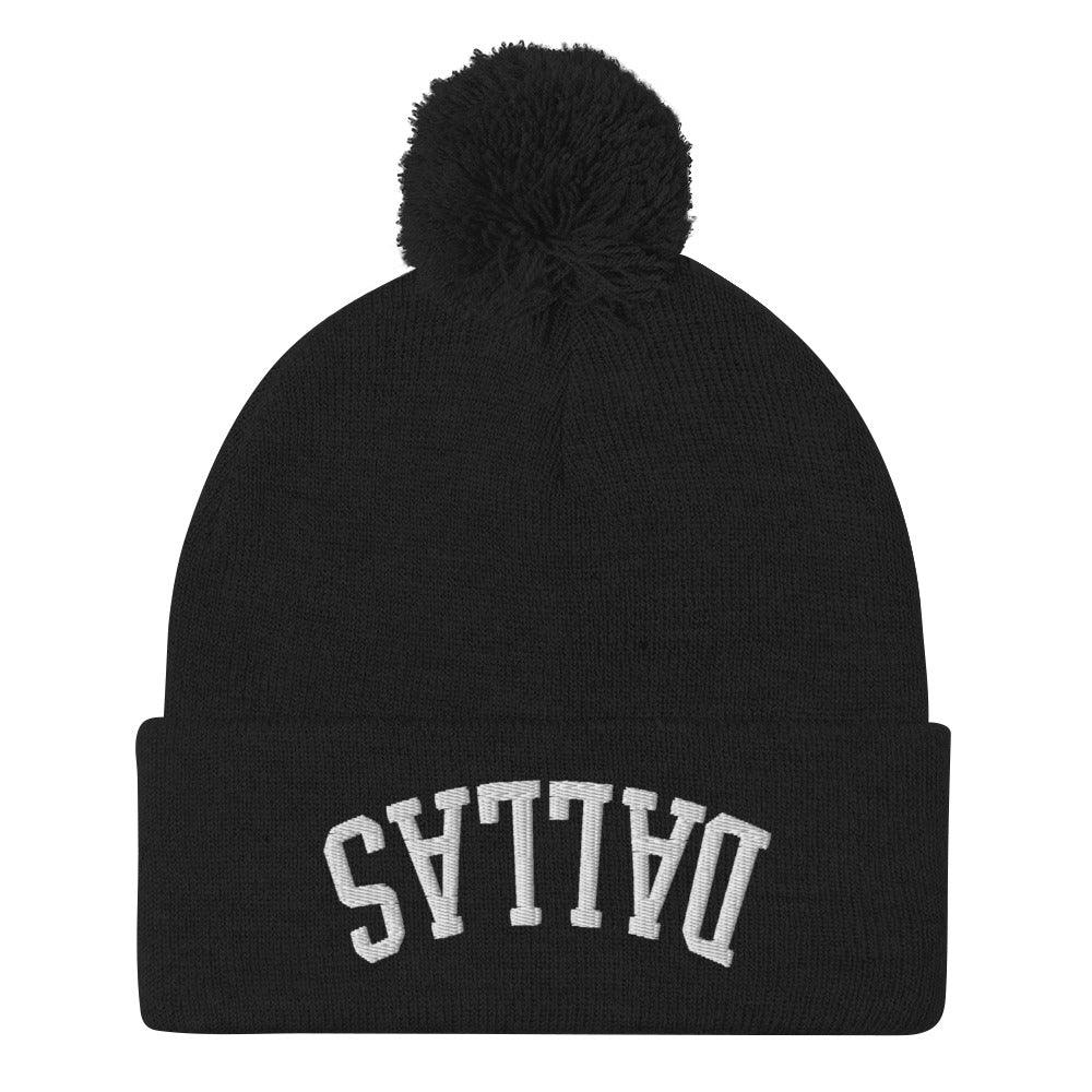Upside Down Dallas Embroidered Knit Pom Beanie - Black