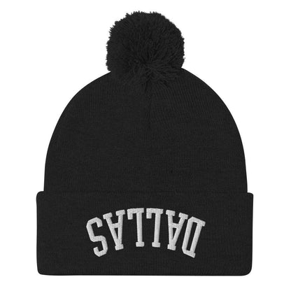 Upside Down Dallas Embroidered Knit Pom Beanie - Black