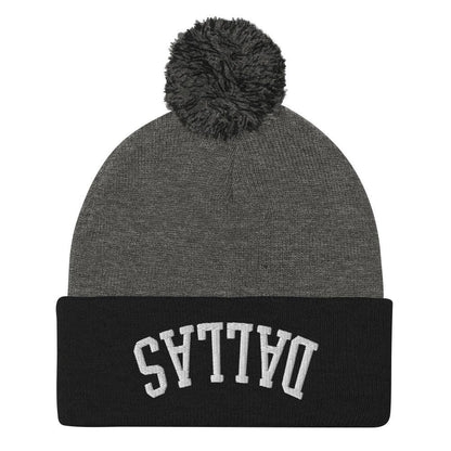 Upside Down Dallas Embroidered Knit Pom Beanie - Dark Heather Grey/ Black