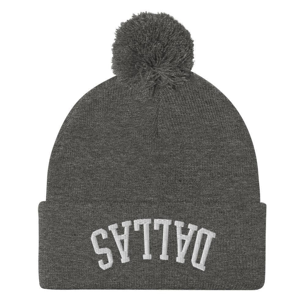 Upside Down Dallas Embroidered Knit Pom Beanie - Dark Heather Grey