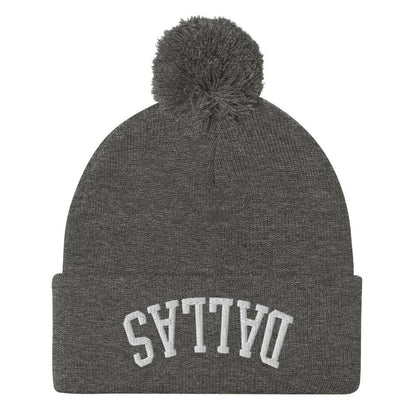 Upside Down Dallas Embroidered Knit Pom Beanie - Dark Heather Grey