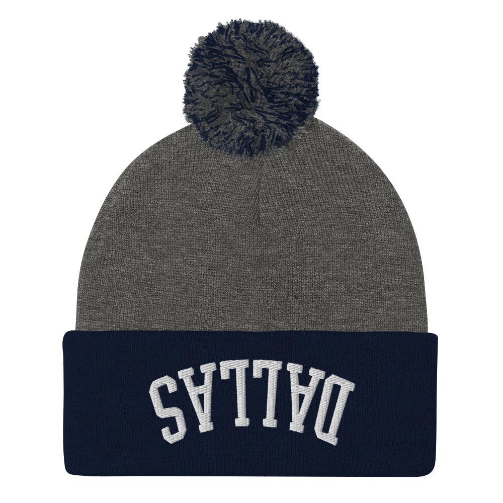 Upside Down Dallas Embroidered Knit Pom Beanie - Dark Heather Grey/ Navy