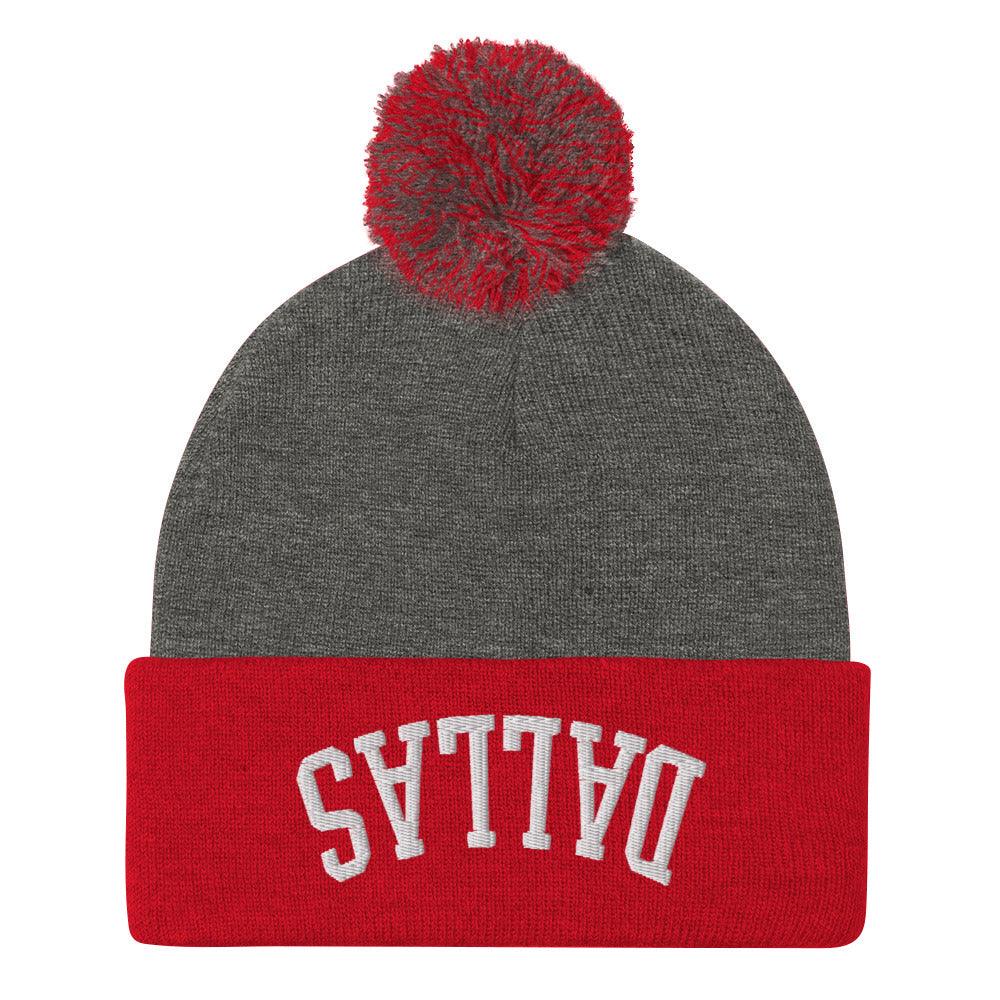 Upside Down Dallas Embroidered Knit Pom Beanie - Dark Heather Grey/ Red