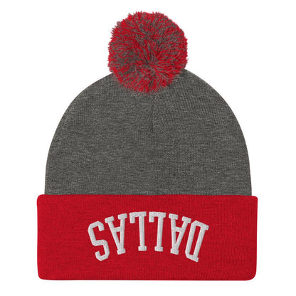 Upside Down Dallas Embroidered Knit Pom Beanie - Dark Heather Grey/ Red