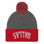 Upside Down Dallas Embroidered Knit Pom Beanie - Dark Heather Grey/ Red