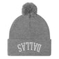 Upside Down Dallas Embroidered Knit Pom Beanie - Heather Grey