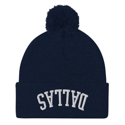 Upside Down Dallas Embroidered Knit Pom Beanie - Navy