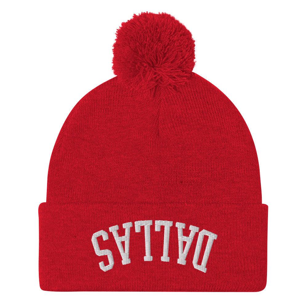Upside Down Dallas Embroidered Knit Pom Beanie - Red