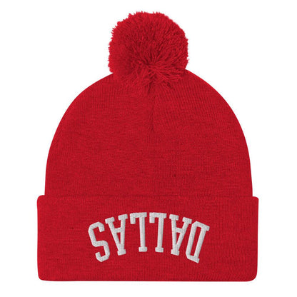 Upside Down Dallas Embroidered Knit Pom Beanie - Red