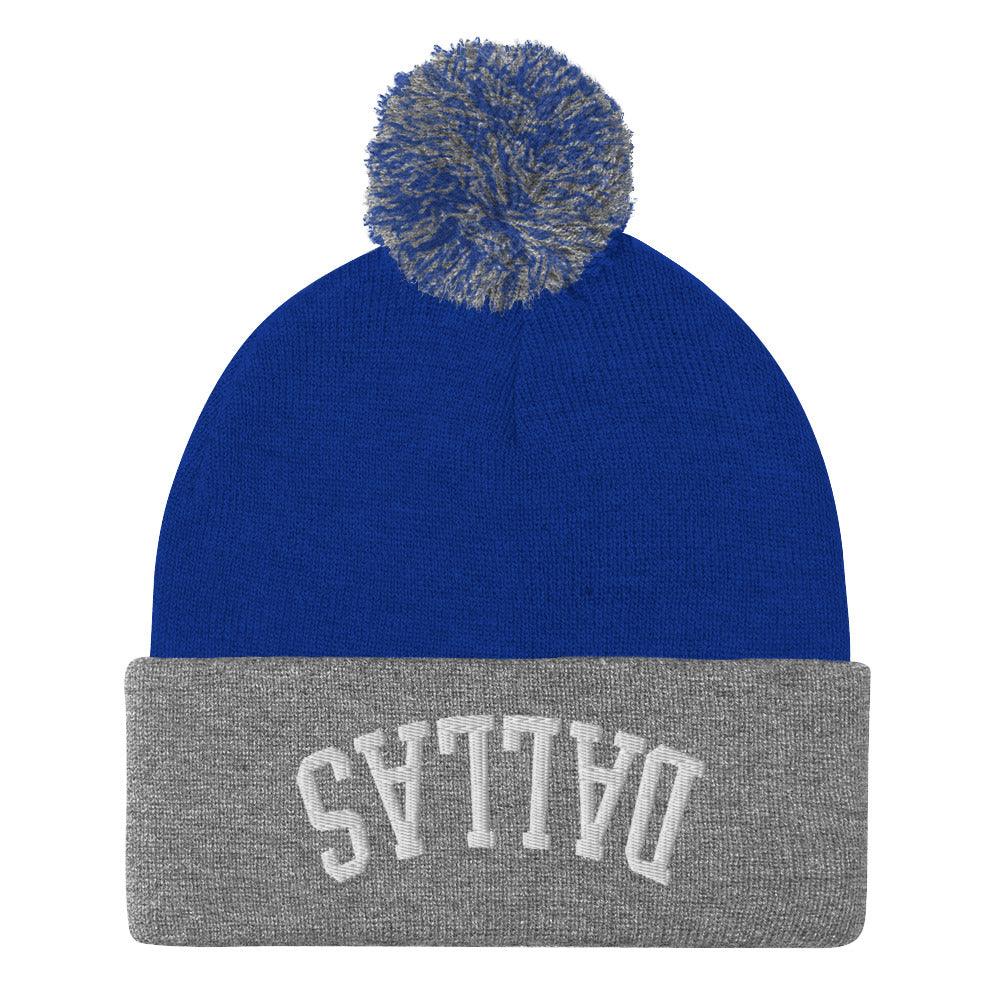 Upside Down Dallas Embroidered Knit Pom Beanie - Royal/ Heather Grey