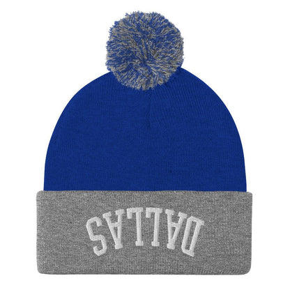 Upside Down Dallas Embroidered Knit Pom Beanie - Royal/ Heather Grey