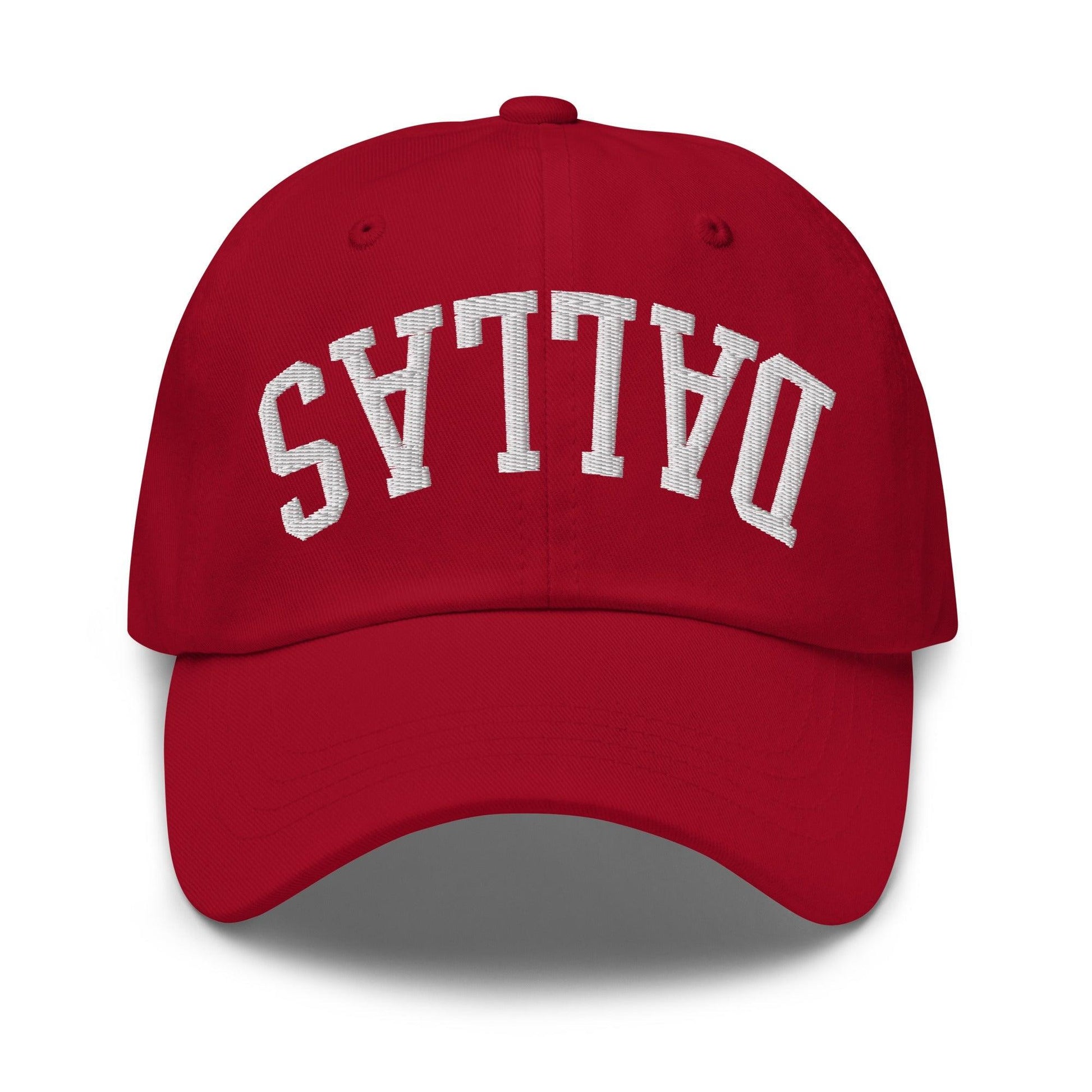 Upside Down Dallas Varsity Letterman Embroidered Dad Hat - Cranberry