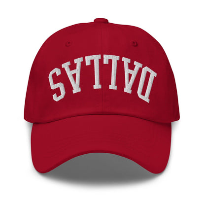 Upside Down Dallas Varsity Letterman Embroidered Dad Hat - Cranberry