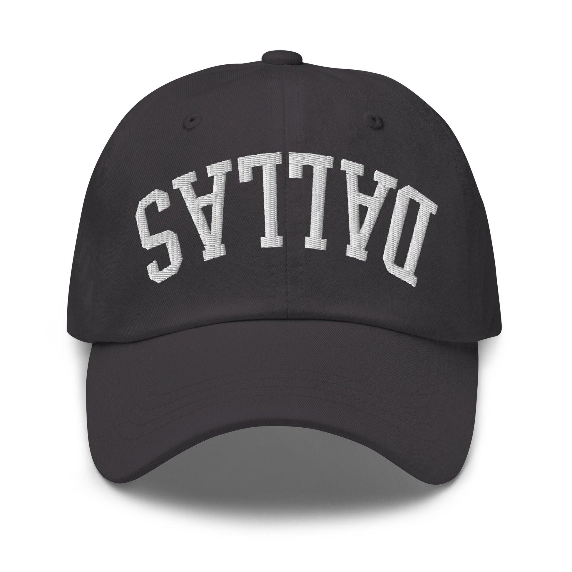 Upside Down Dallas Varsity Letterman Embroidered Dad Hat - Dark Grey