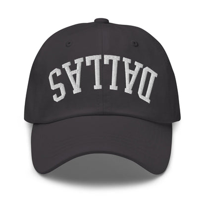 Upside Down Dallas Varsity Letterman Embroidered Dad Hat - Dark Grey