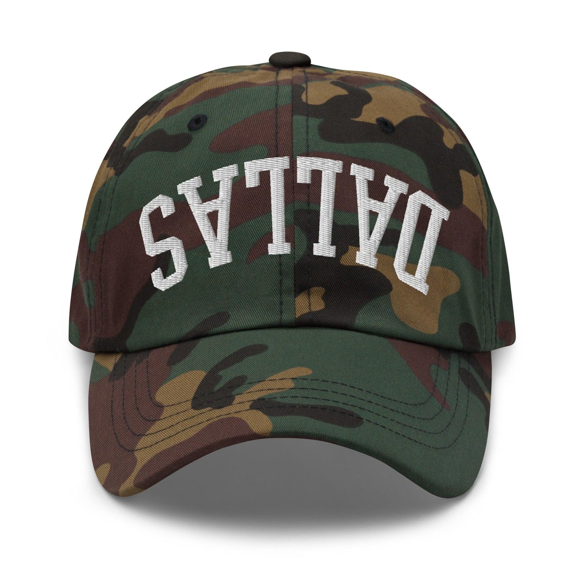 Upside Down Dallas Varsity Letterman Embroidered Dad Hat - Green Camo
