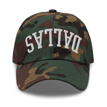 Upside Down Dallas Varsity Letterman Embroidered Dad Hat - Green Camo