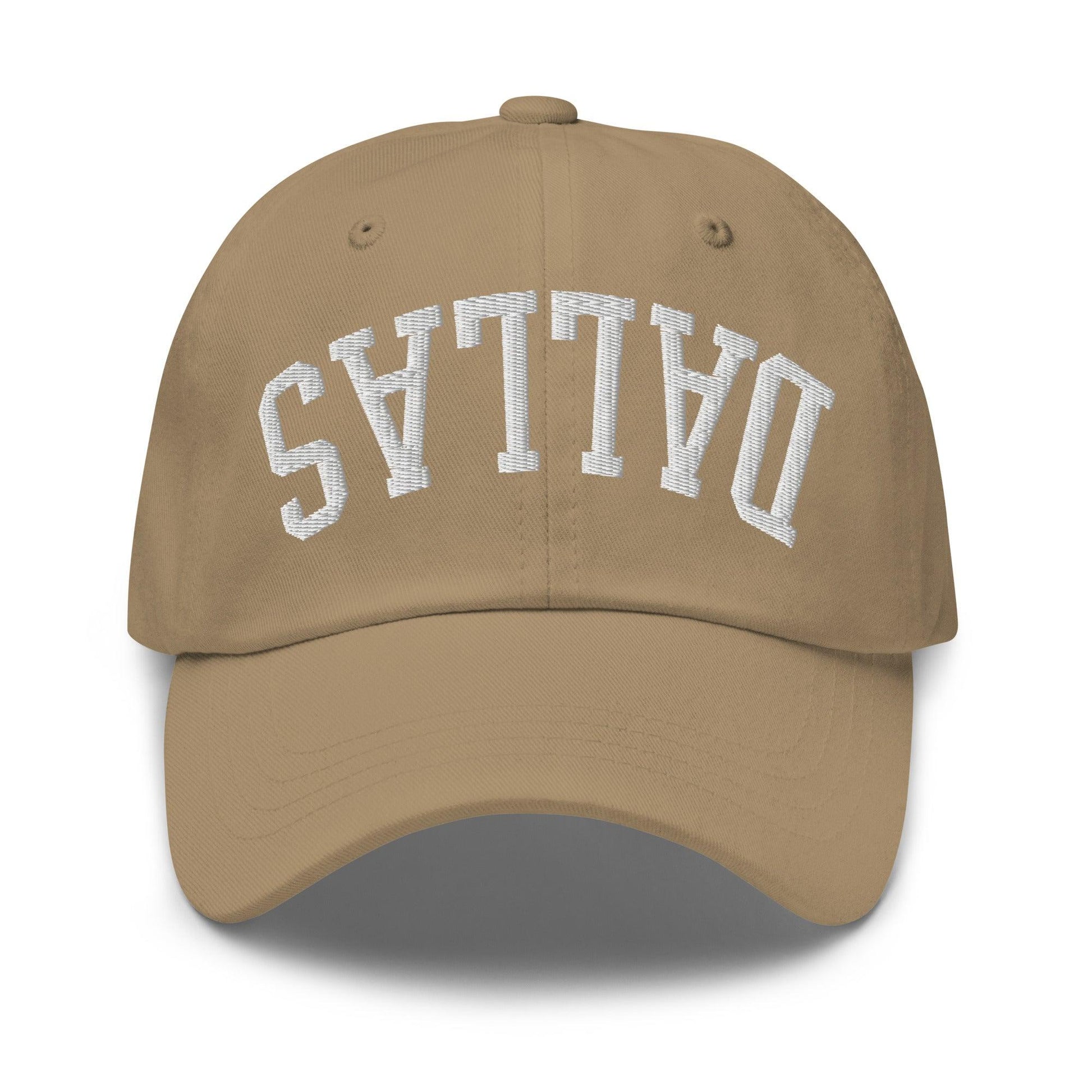 Upside Down Dallas Varsity Letterman Embroidered Dad Hat - Khaki