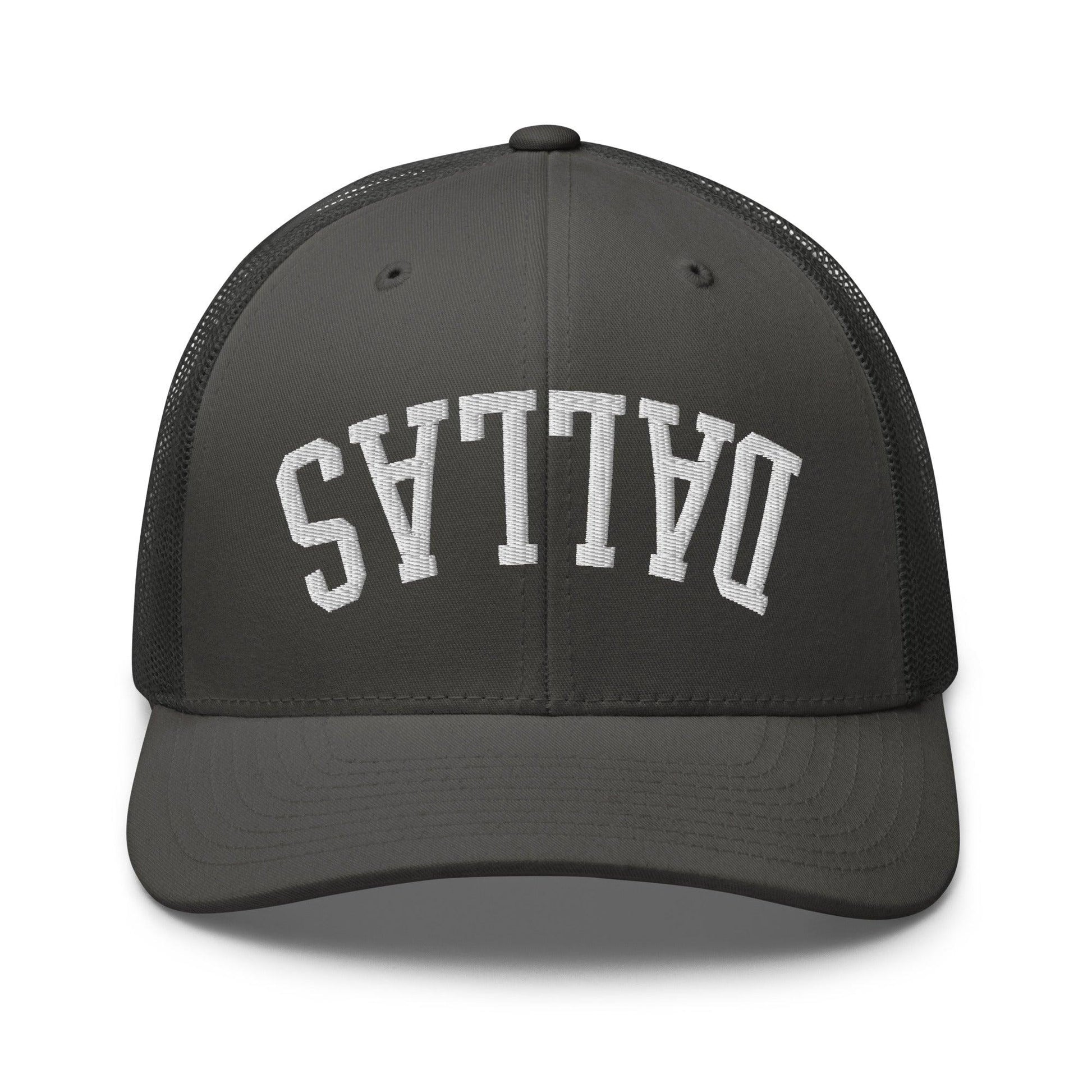 Upside Down Dallas Varsity Letterman Embroidered Mesh Trucker Hat - Charcoal